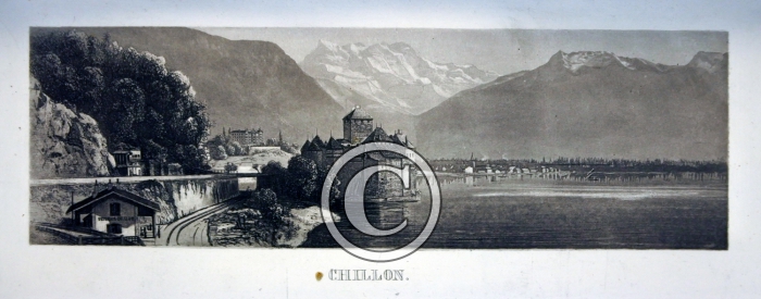Gravure originale château de Chillon (35 cm x 25 cm)